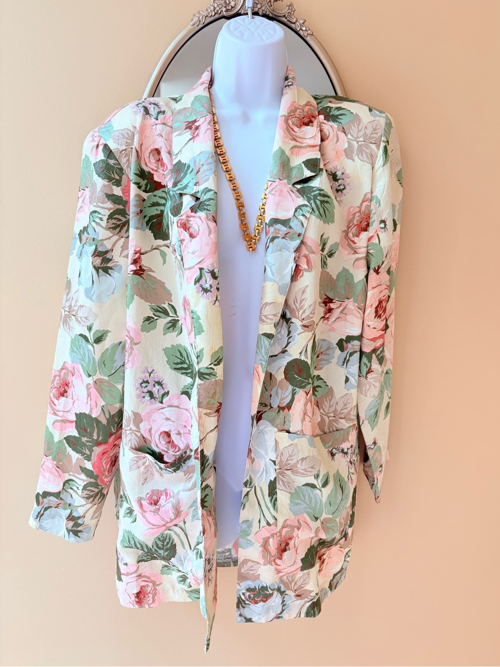 Vtg 90s Judy Knapp Pink Rose 🌹 Garden Party Floral Blazer Jacket Medium 22” P2P